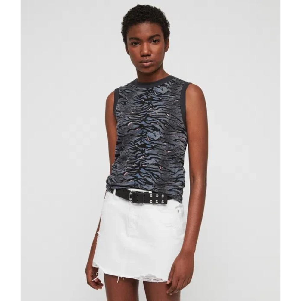 AllSaints Imogen Tank Top Womens Small Blue Black Tiger Print Shirt Summer Shirt
